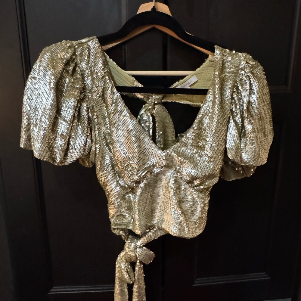 Gold Sequin Puff Sleeve Blouse